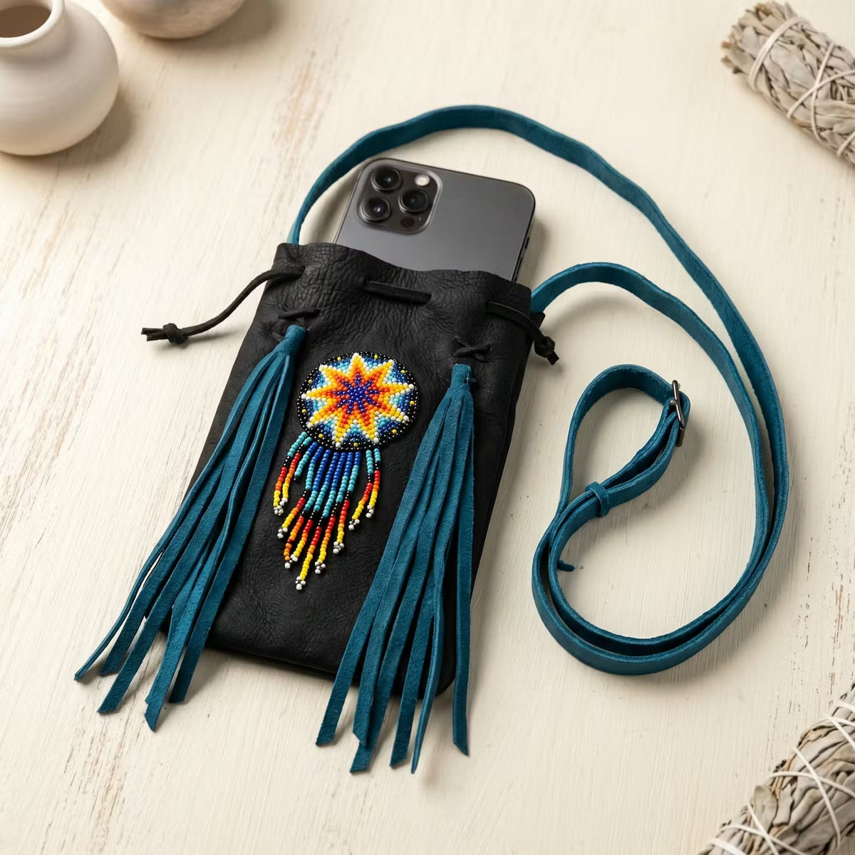 Beaded Suede Phone Pouch ~ Black turquoise-5