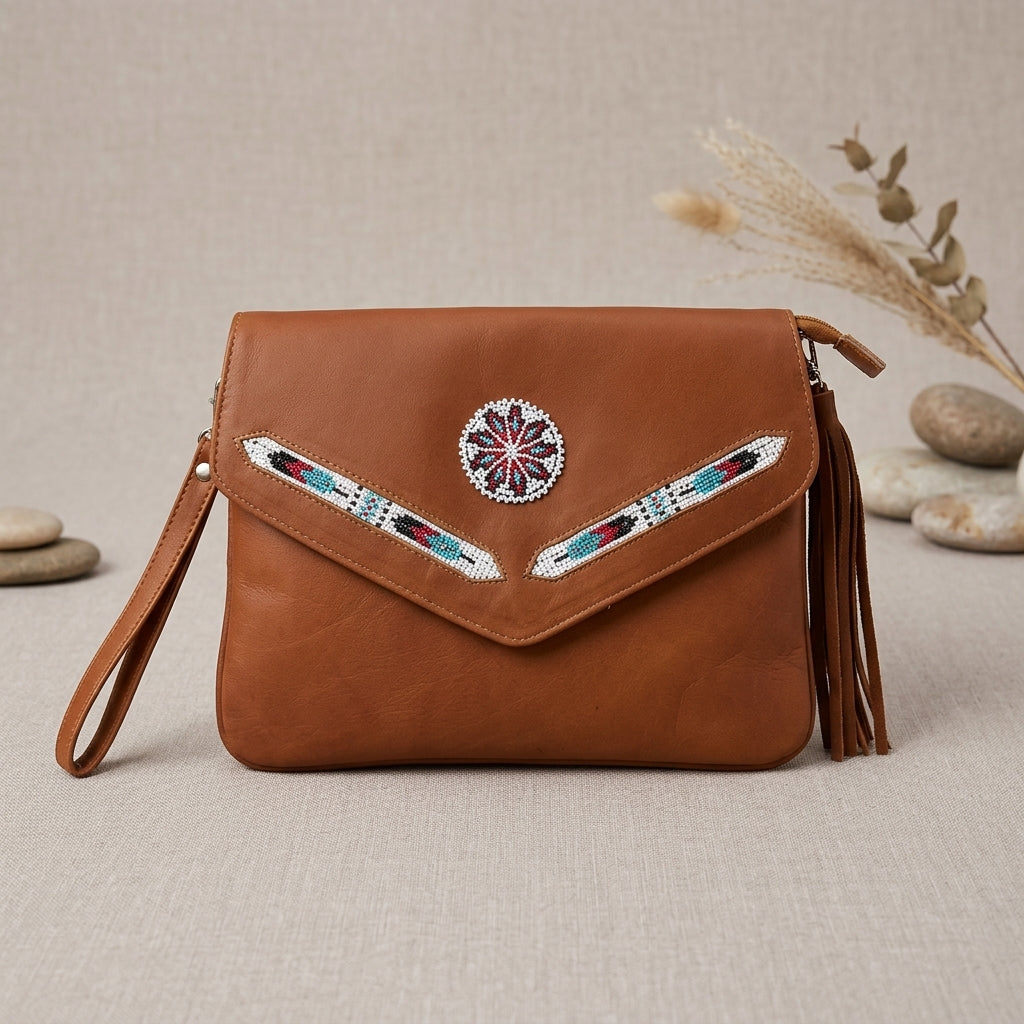 Leather beaded Crossbody bag(Brown)-2