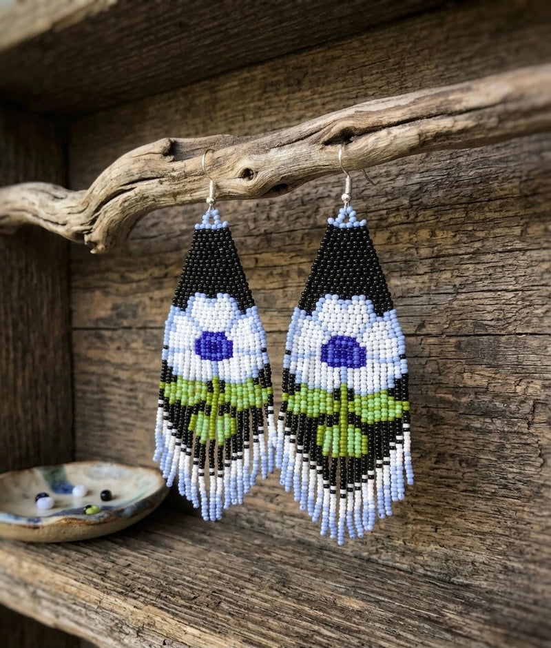 Flower Beaded Earrings ( Blue )-9