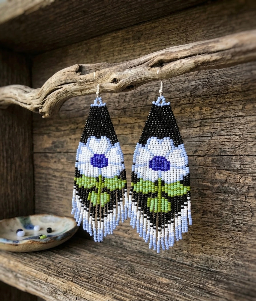 Flower Beaded Earrings ( Blue )-9