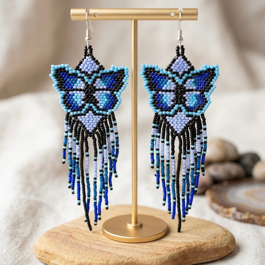 Blue Beaded Dancing Wing Earrings-5