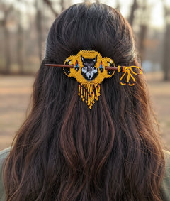 Wolf Fringed Beaded Barrette & Wooden Stick-12
