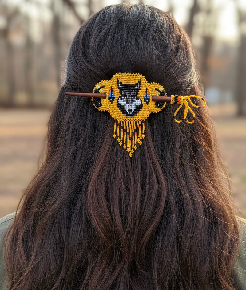 Wolf Fringed Beaded Barrette & Wooden Stick-12