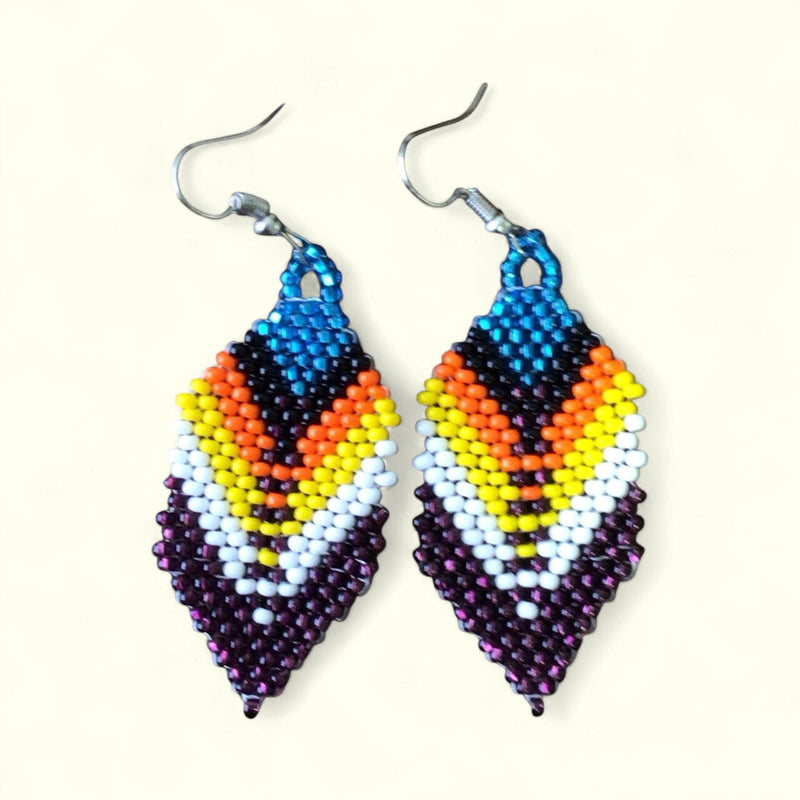 Purple and blue Beaded Feather Drop Earrings-2