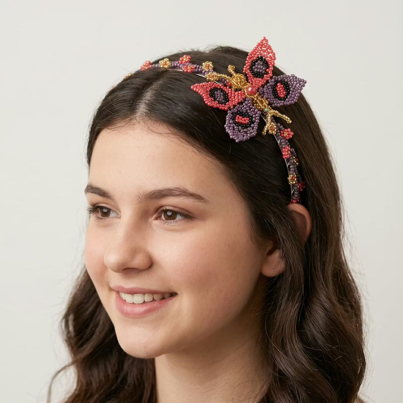 Beaded Headband with Butterfly Purple-1