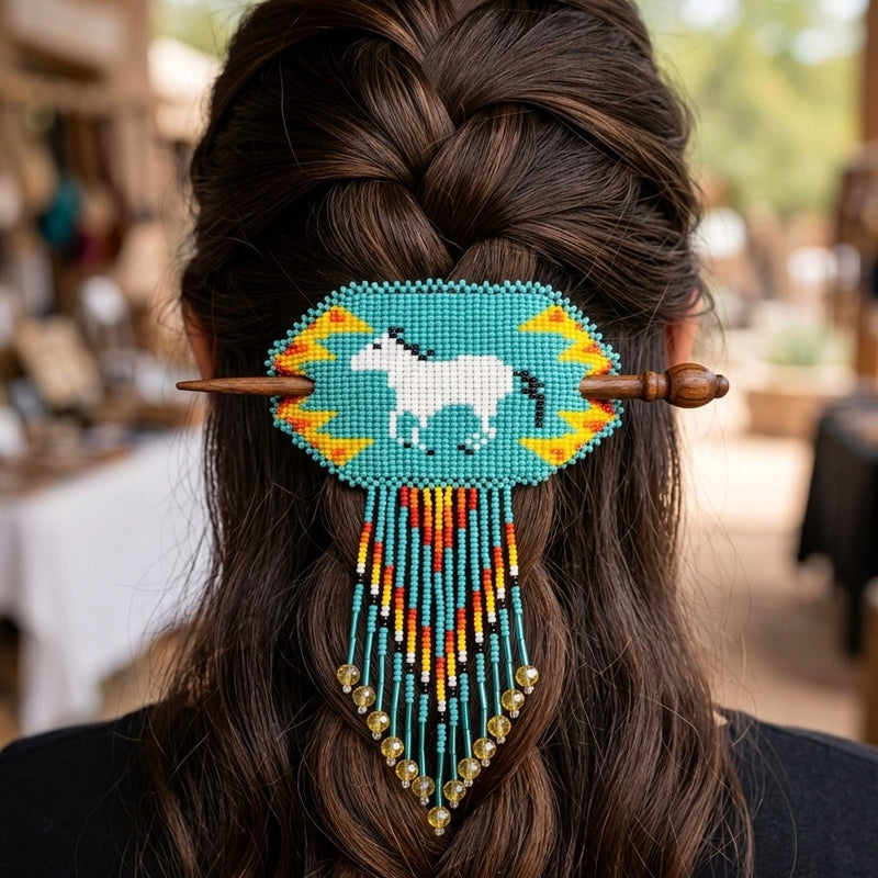 Fringed Beaded Barrette & Wooden Stick Horses-2
