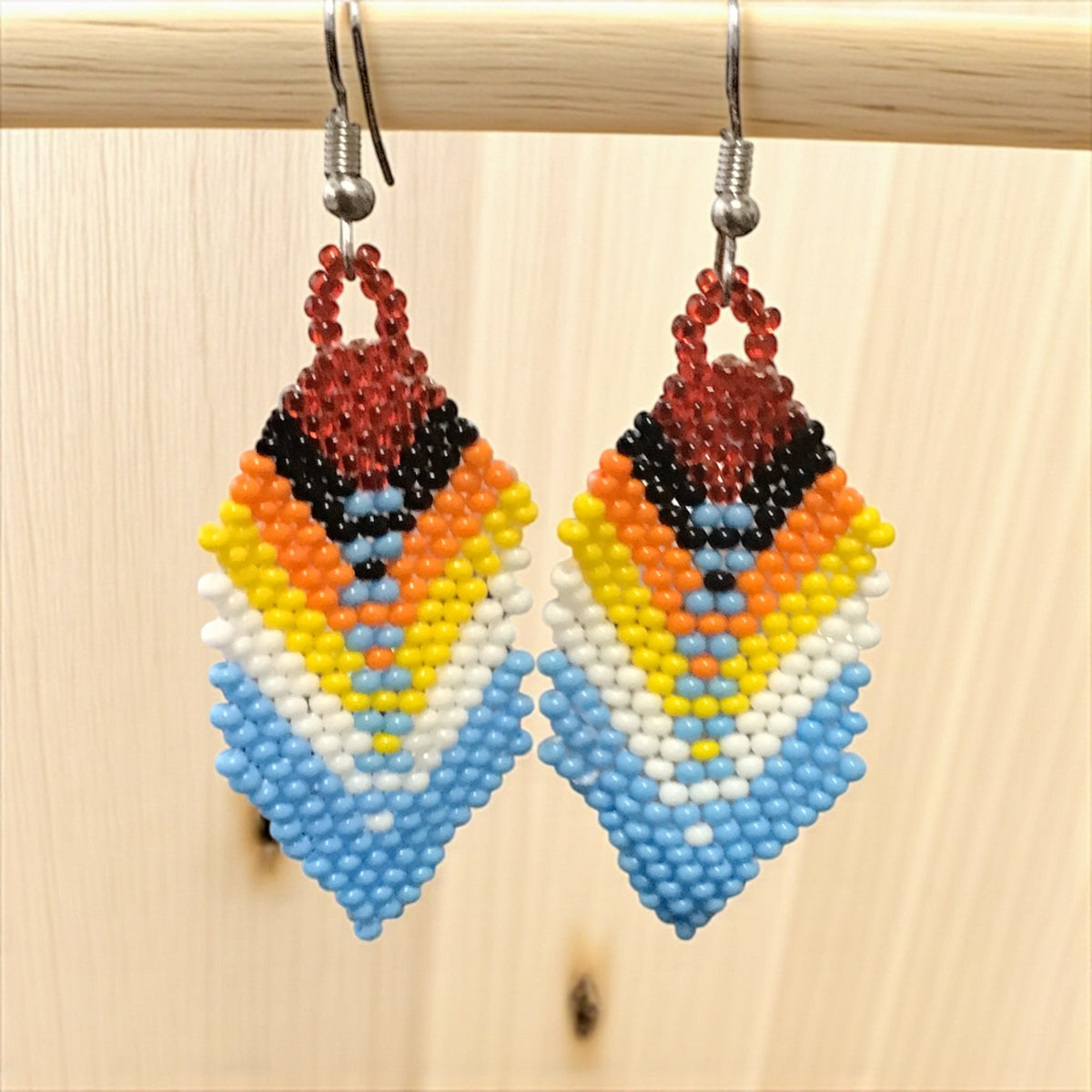 Red and light Blue Beaded Feather Drop Earrings