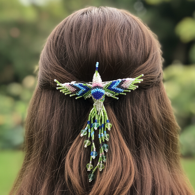 Green and Blue Hummingbird Barrette with Fringes-1