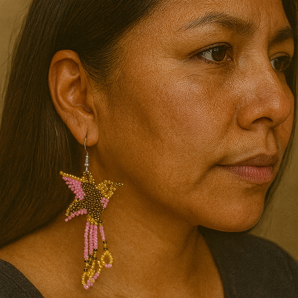 Handmade Beaded Hummingbird Earrings – Pink & Golden-1