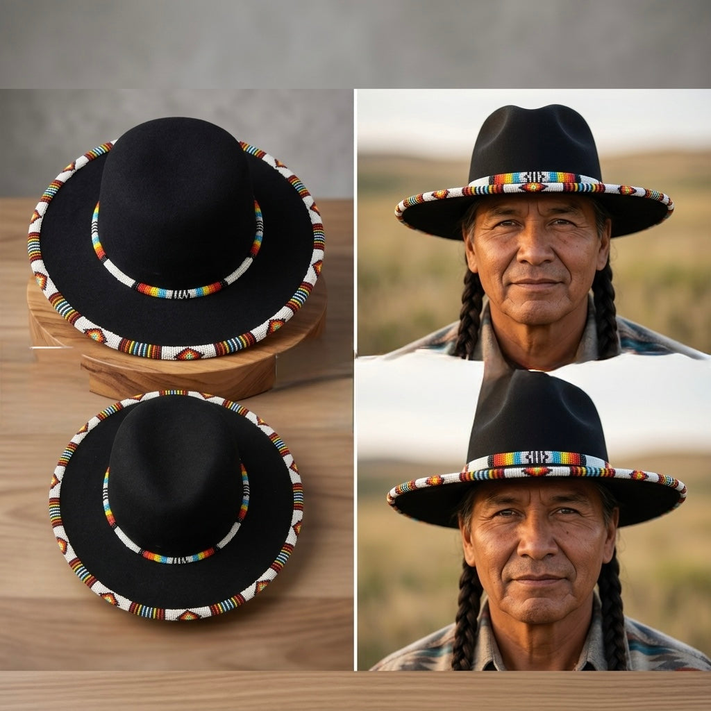 Size-62 Beaded Flat&Circular Brim Felt Hat-2