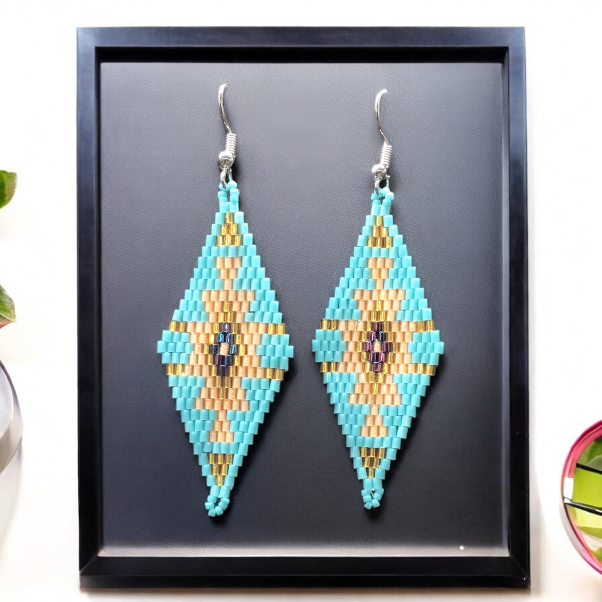 Turquoise and Yellow Miyuki Glass Beaded Earrings-1
