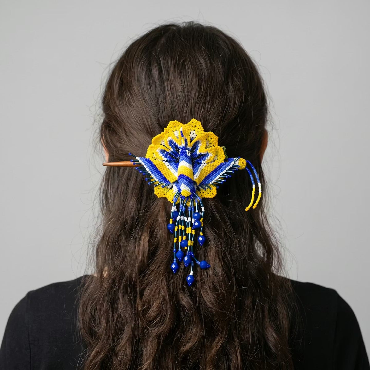 Maple Blossom Hummingbird Beaded Hair Stick Barrette Yellow-3