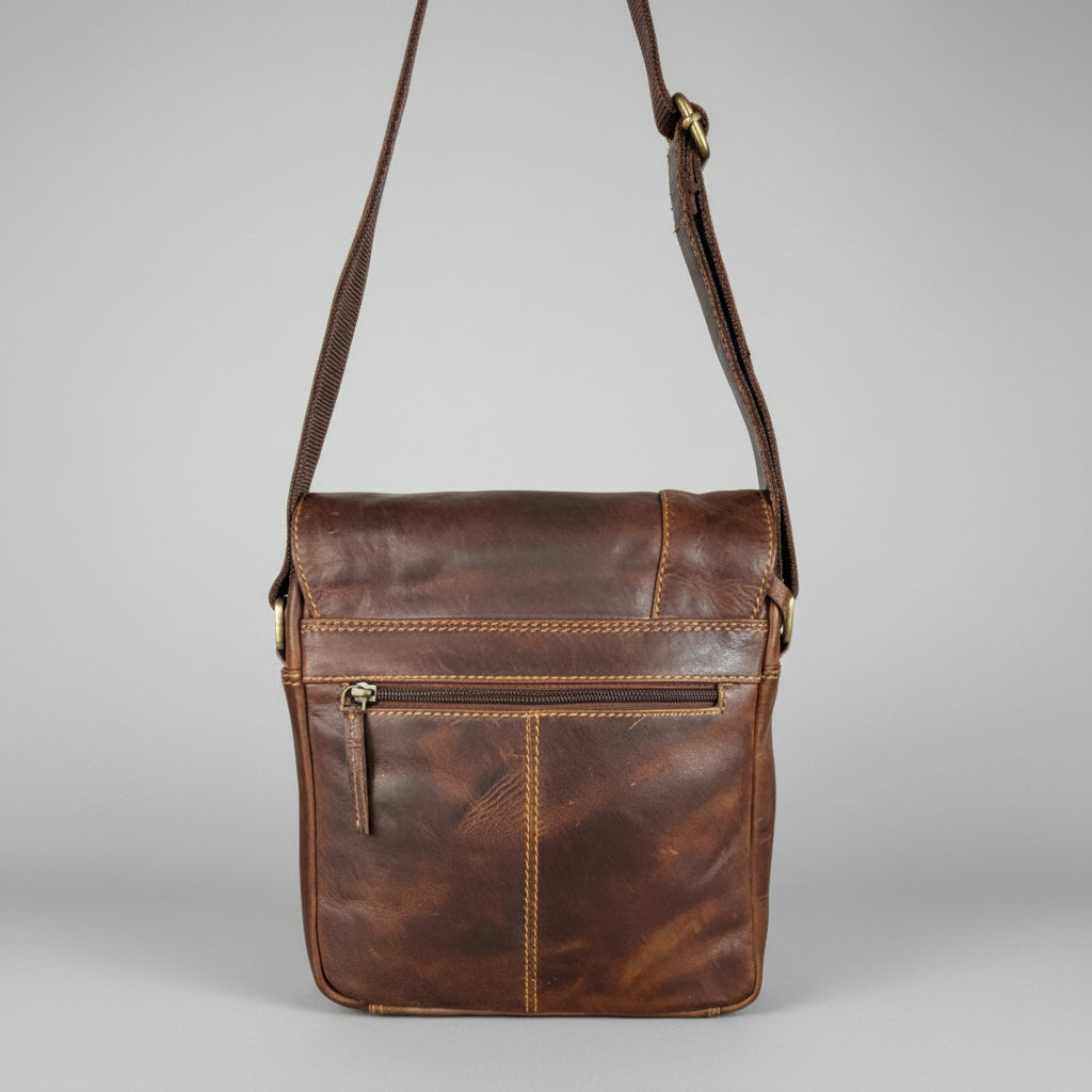 Premium Genuine Leather Messenger Bag. Distressed Brown Crossbody with Multiple Zippered Pockets-2