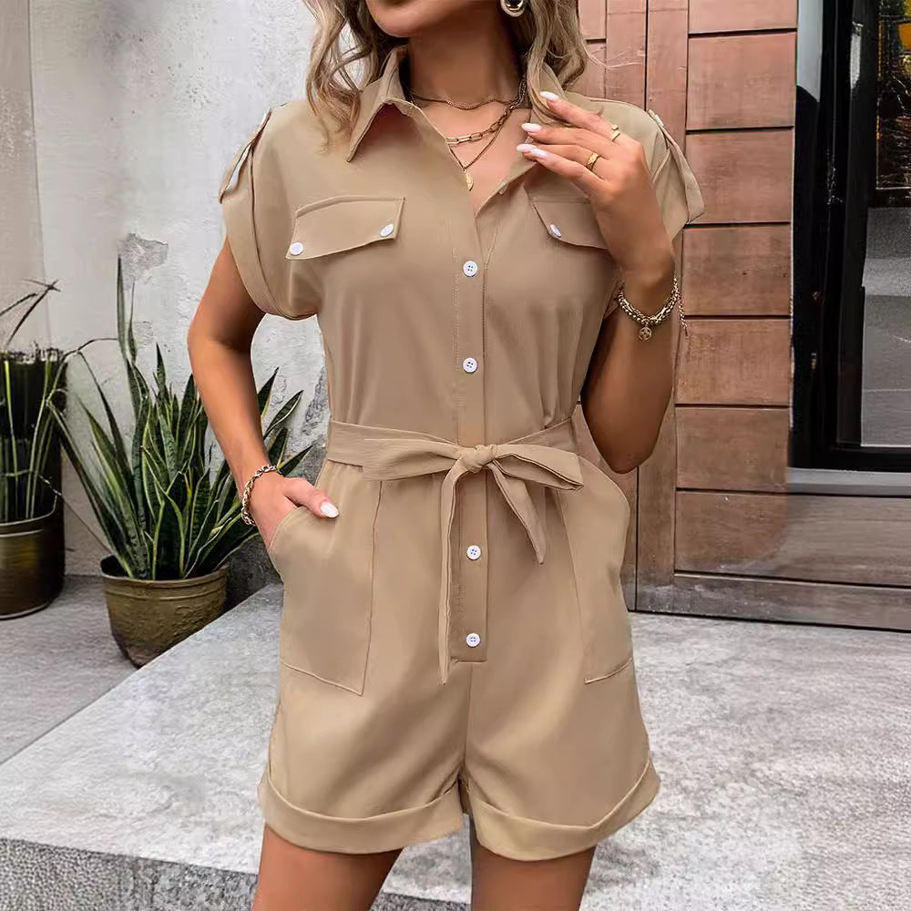 Women's Summer High-Waist Lapel Jumpsuit with Tie and Pockets-4