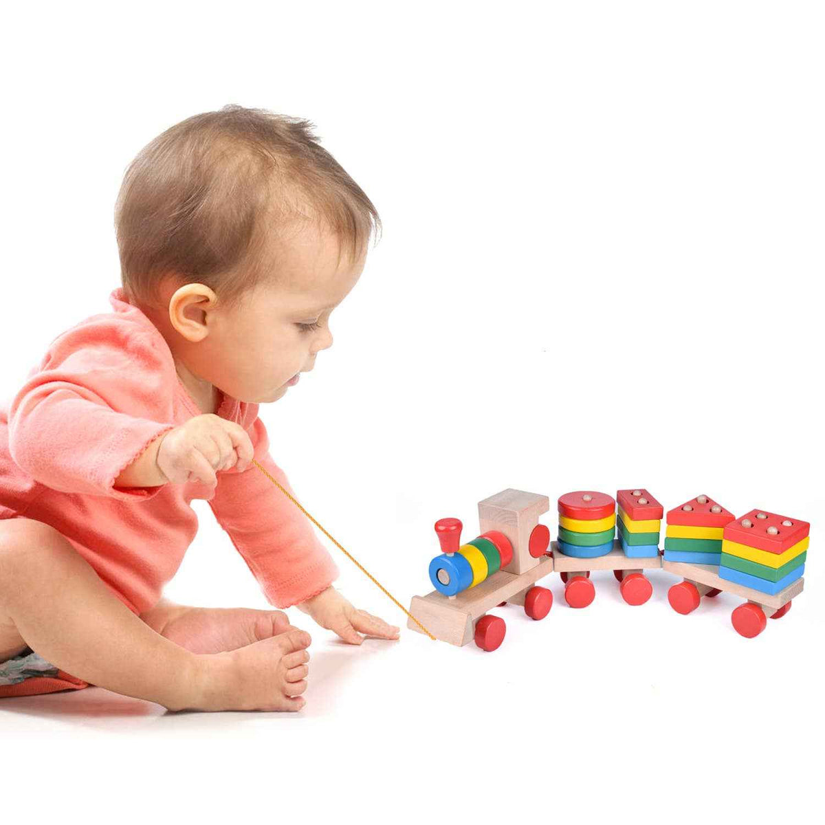 Fun Little Toys - Wooden Train Shape Sorter and Stacking Toy 25 Pcs - Ages 3+-8