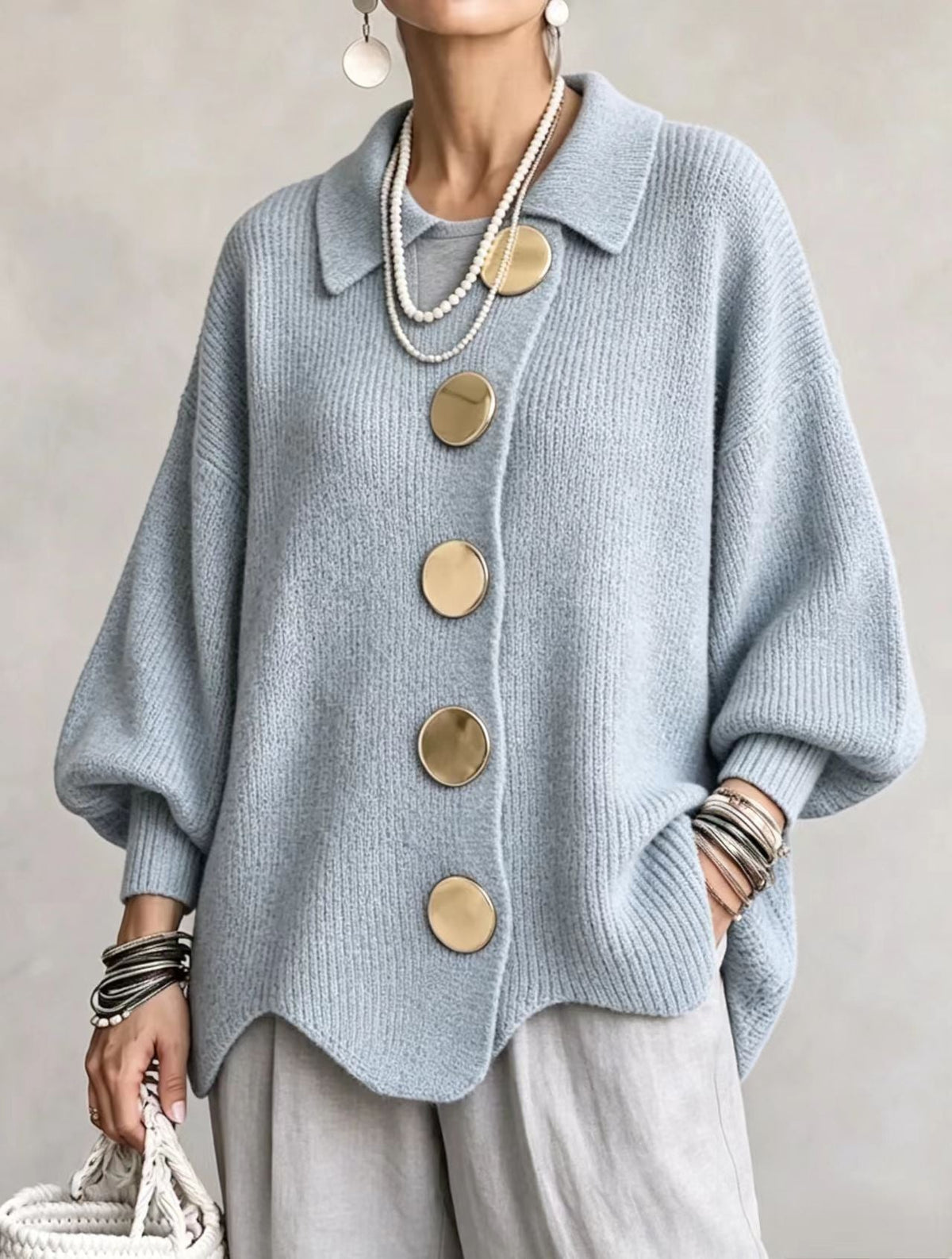 Women’s Button-Down Knit Cardigan – Lapel Collar Long-Sleeve Loose-Fit Fall & Winter Sweater-10
