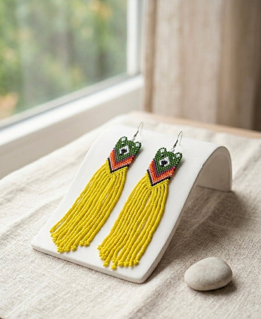 Green- Yellow Native Bear Beaded Earrings-2