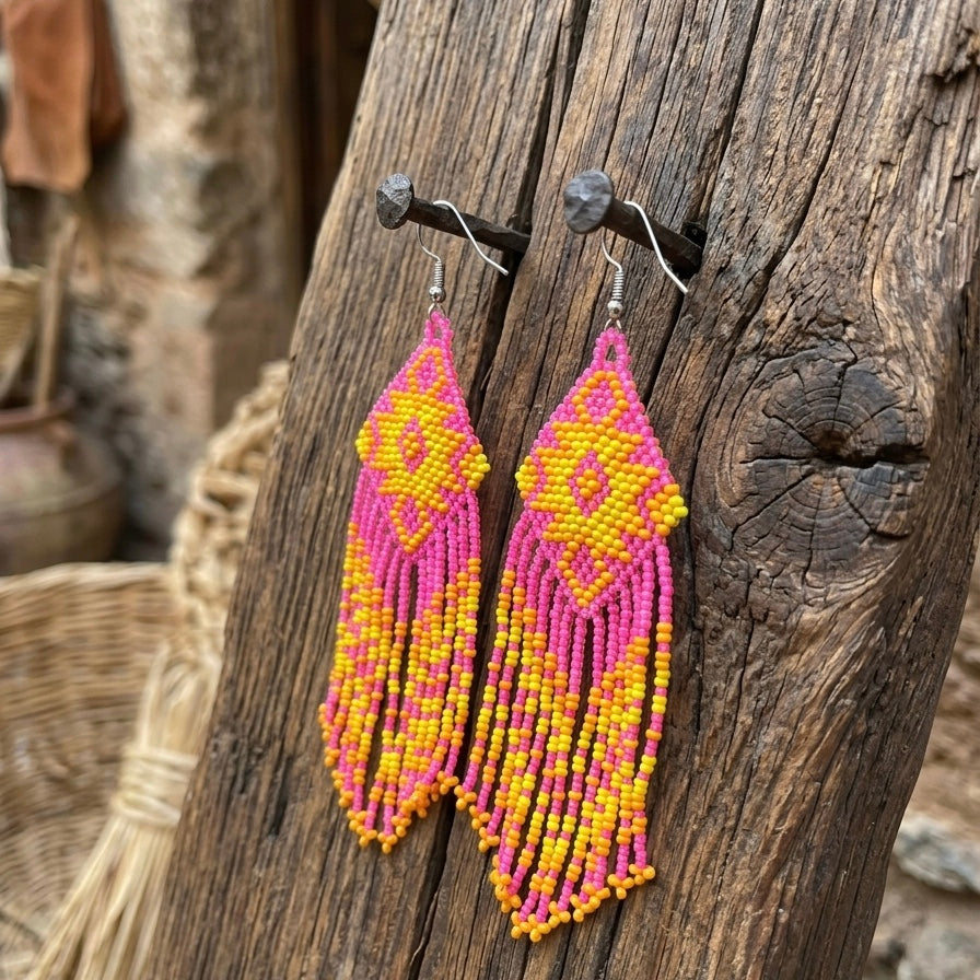 Fringe Bead Drop Earrings (Pink)