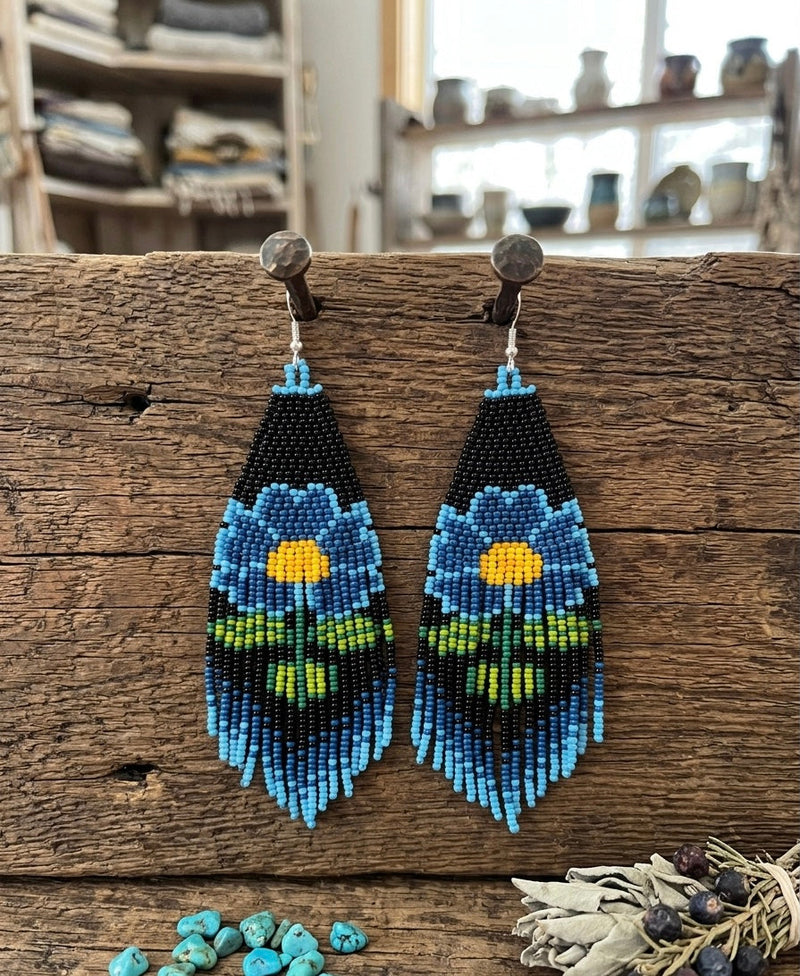 Flower Beaded Earrings ( Blue )-8