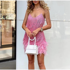 Women’s Sequin Feather Tassel Mini Dress – V-Neck Spaghetti Strap Evening Party Dress-7