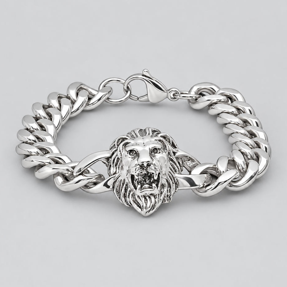 Men’s Stainless Steel Lion Head Cuban Link Bold Biker Bracelet-1