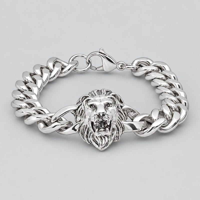 Men’s Stainless Steel Lion Head Cuban Link Bold Biker Bracelet-1