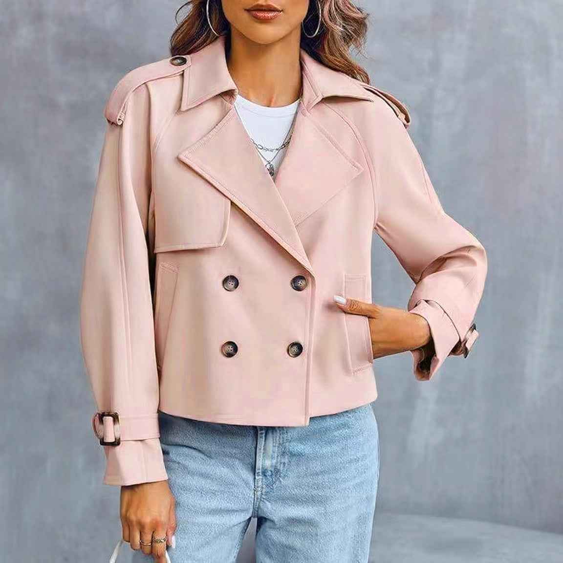 Women’s Short Double-Breasted Trench Coat – Fashionable Casual Jacket for Fall & Spring-3