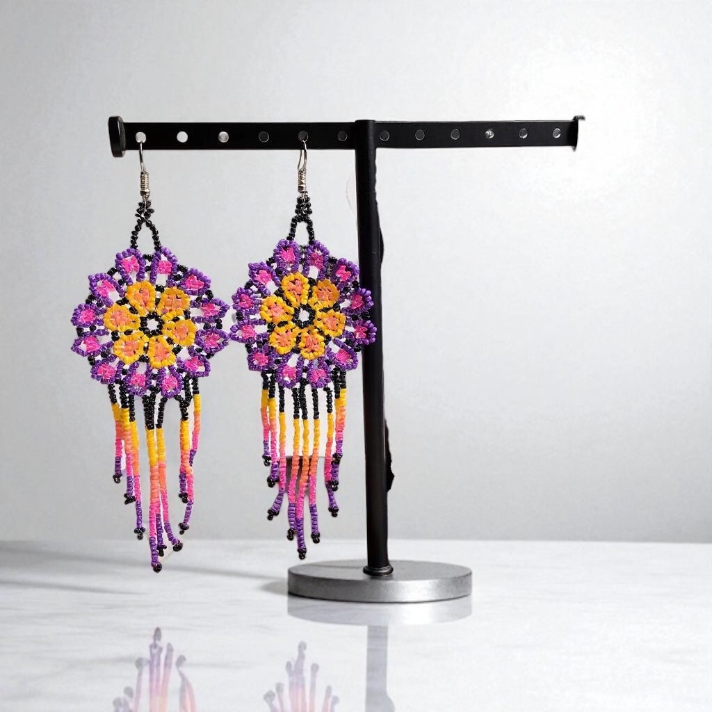 Yellow Purple Flower beaded Earrings
