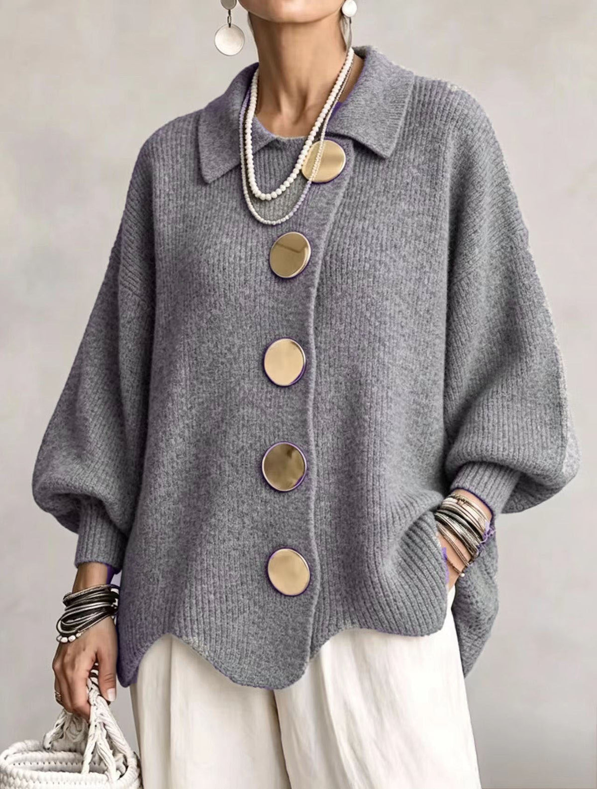 Women’s Button-Down Knit Cardigan – Lapel Collar Long-Sleeve Loose-Fit Fall & Winter Sweater-14