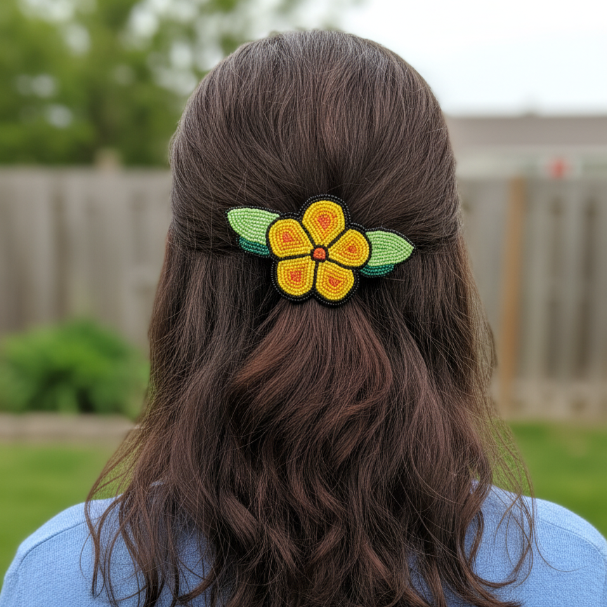 Yellow and Black Beaded Flower Barrette-3