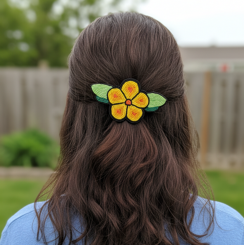 Yellow and Black Beaded Flower Barrette-3