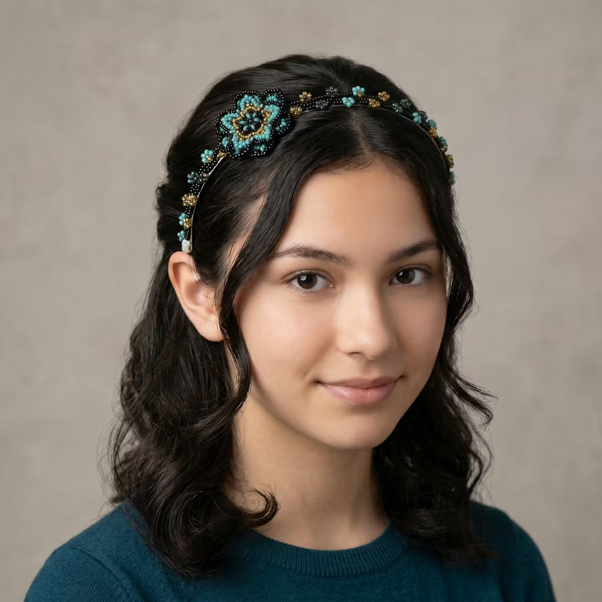 Beaded Headband with Flower Turquoise-6