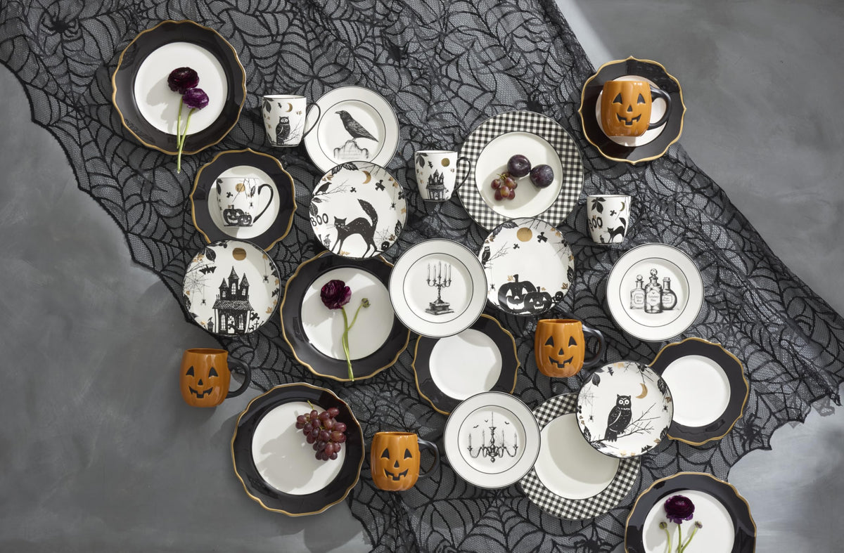 Lenox Gingham Black Halloween Porcelain Dinner Plate Set for 4-5