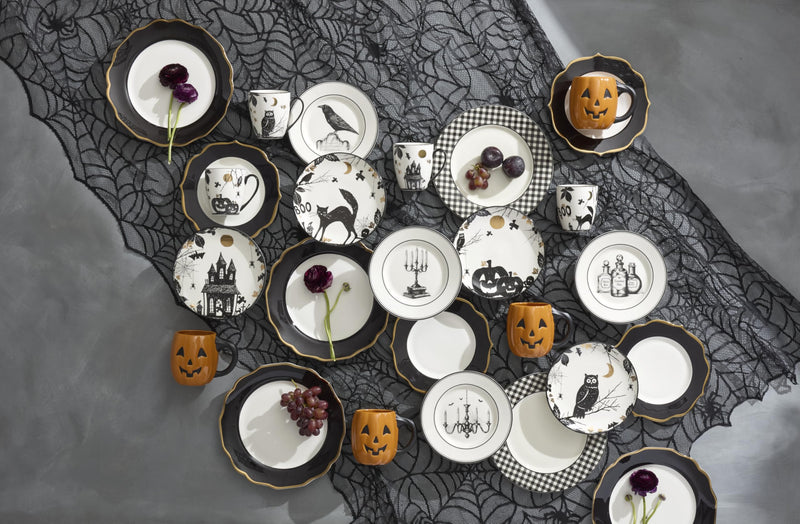 Lenox Gingham Black Halloween Porcelain Dinner Plate Set for 4-5