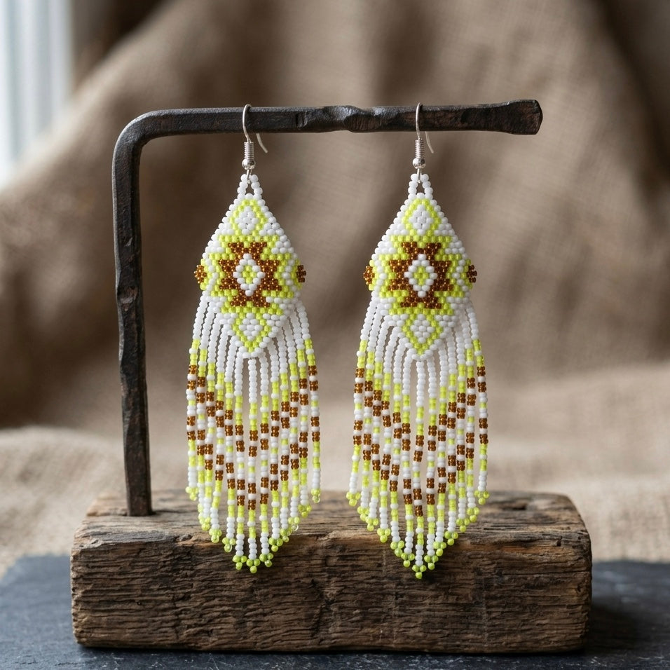 Fringe Bead Drop Earrings (White)-1