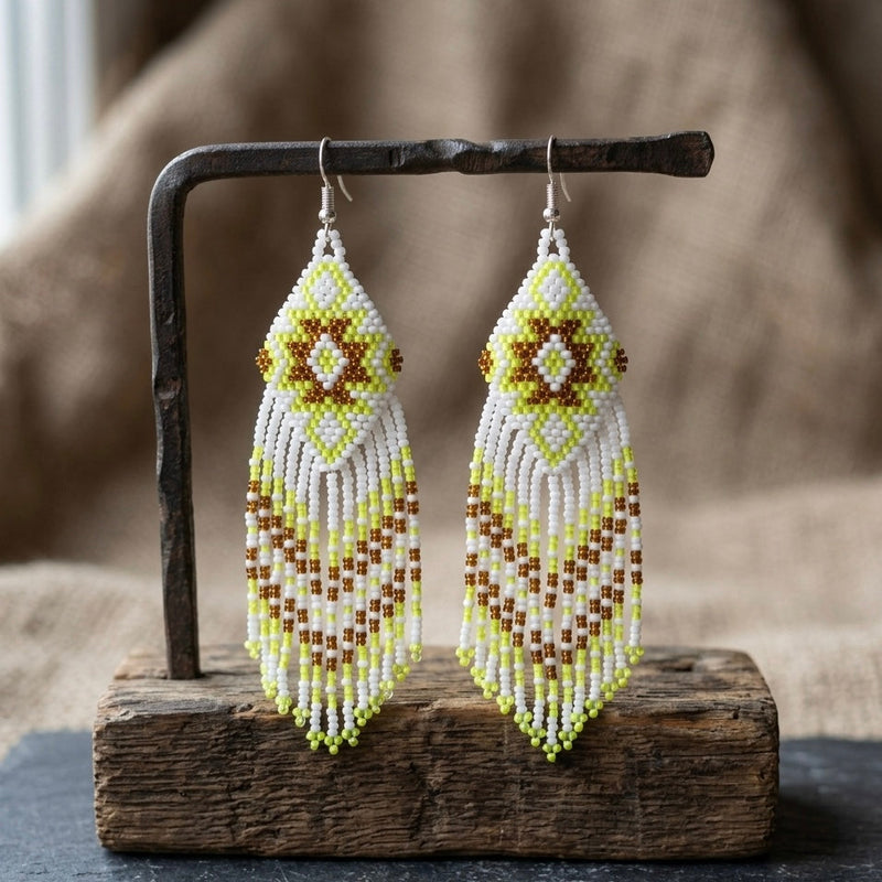 Fringe Bead Drop Earrings (White)-1