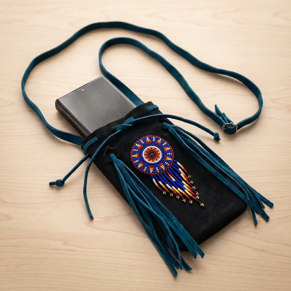 Beaded Suede Phone Pouch ~ Black turquoise-3