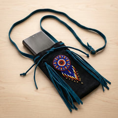 Beaded Suede Phone Pouch ~ Black turquoise-3