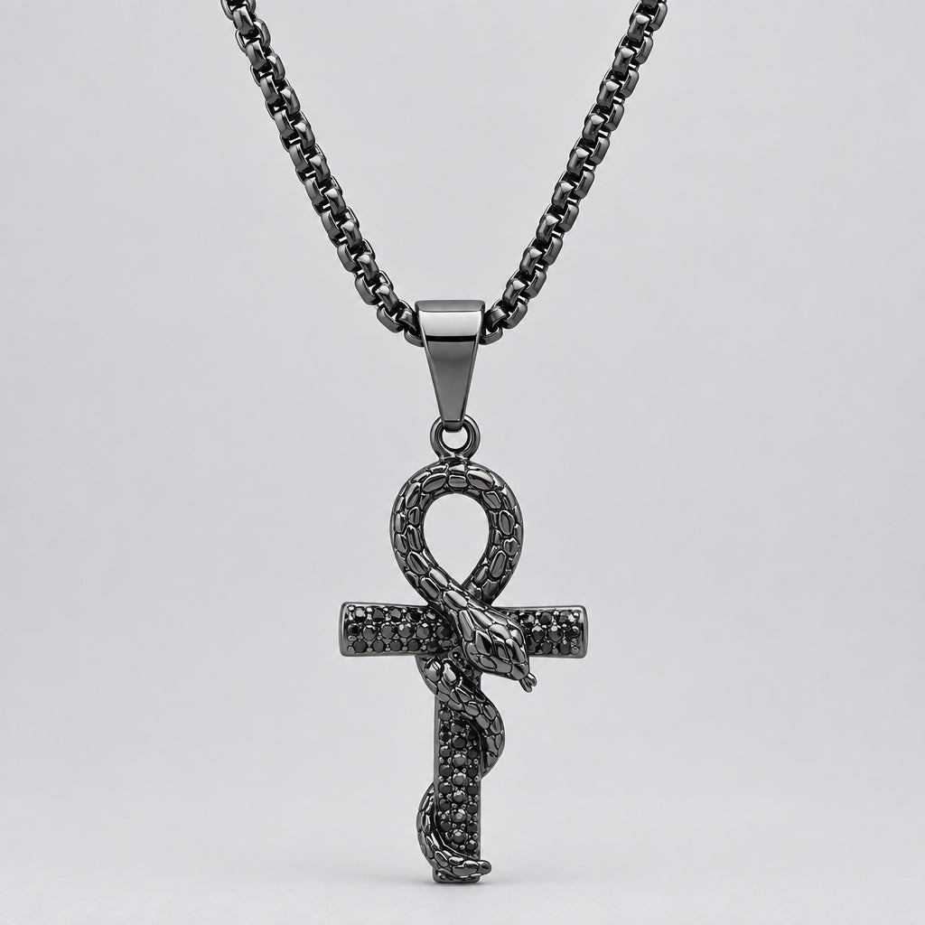 Men’s Black IP Stainless Steel Snake & Cross Pendant Biker Necklace-1