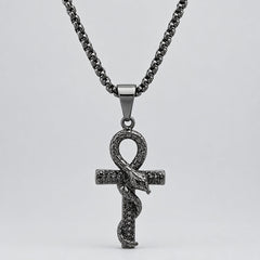 Men’s Black IP Stainless Steel Snake & Cross Pendant Biker Necklace-1