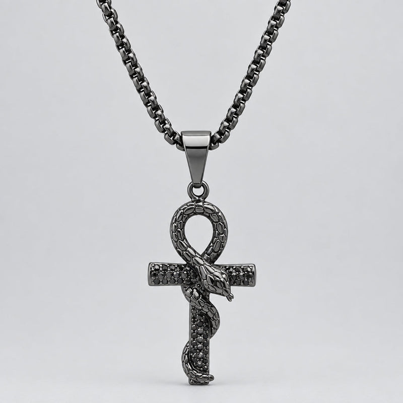 Men’s Black IP Stainless Steel Snake & Cross Pendant Biker Necklace-1