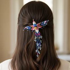 White and Blue Hummingbird Barrette with Fringes-1
