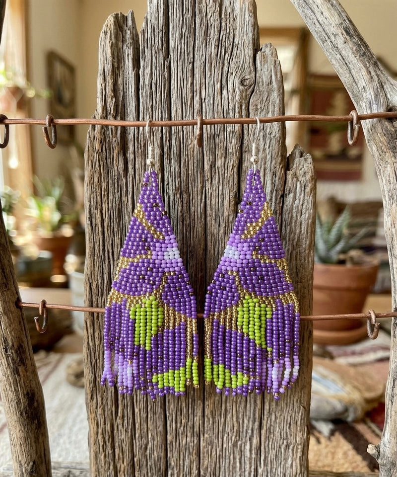 Flower Fringe Beaded Earrings (Purple)-1