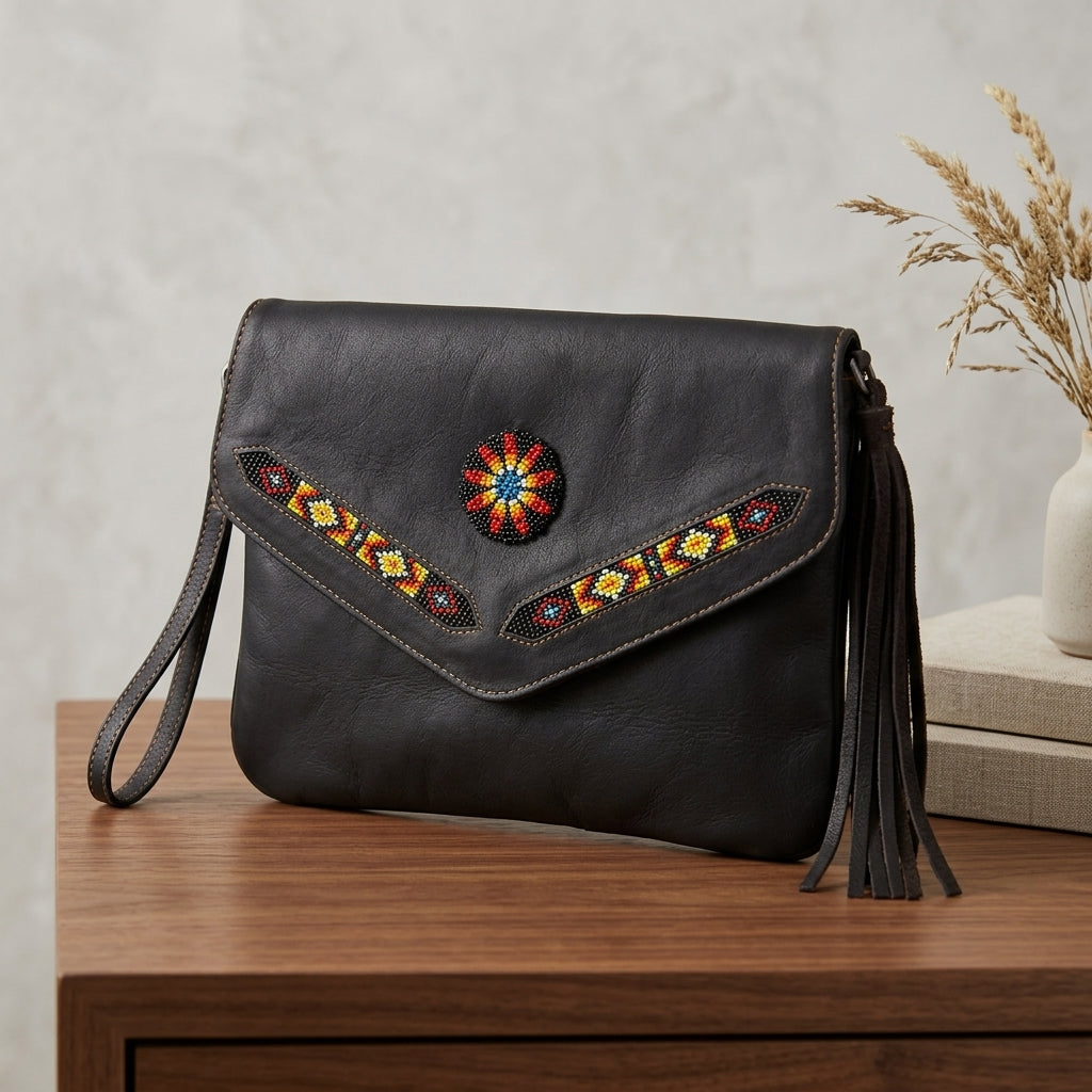 Leather beaded Crossbody bag(Chocolate Brown)-8
