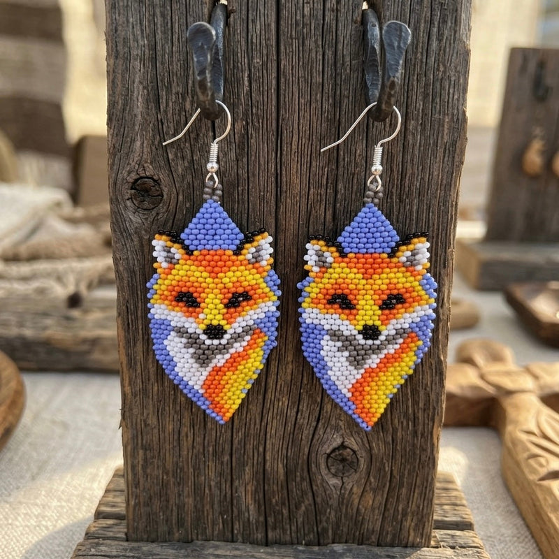 Fox Beaded Earrings (Blue)-4