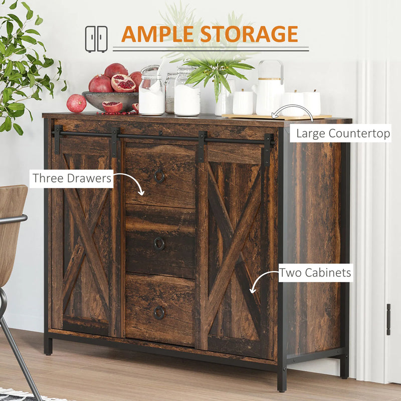 Industrial Rustic Brown Buffet Cabinet – Kitchen Sideboard with Sliding Barn Doors, 3 Drawers & Adjustable Shelves (United States & Canada Delivery Only)-5