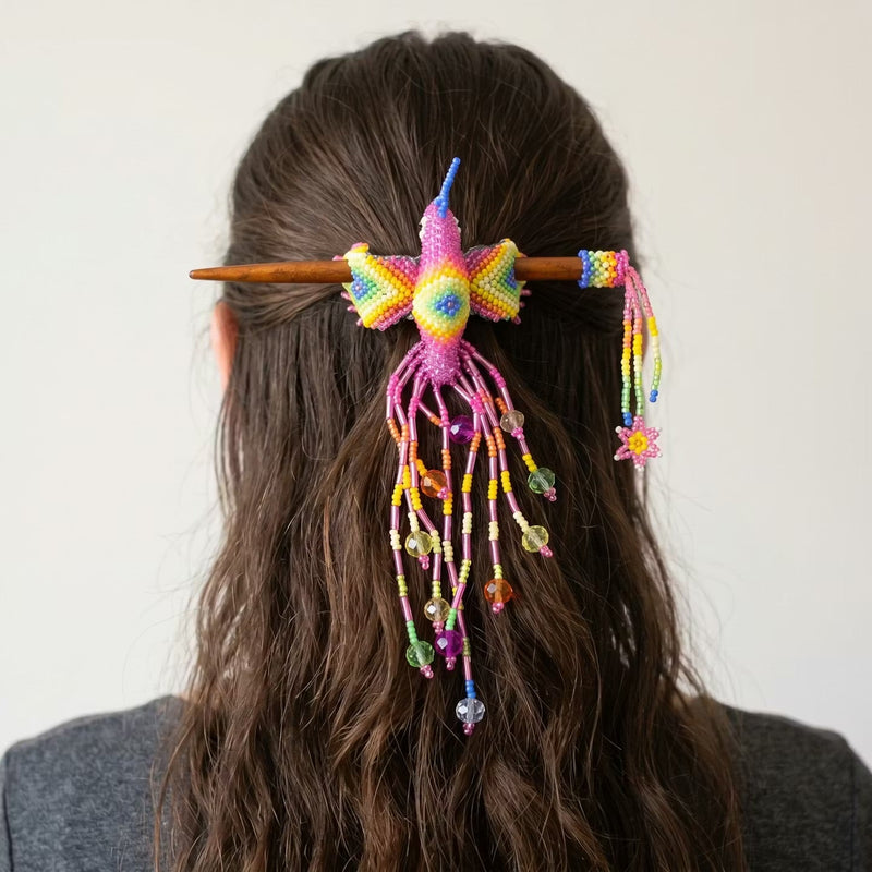 Pink Hummingbird Beaded Hair Stick-3