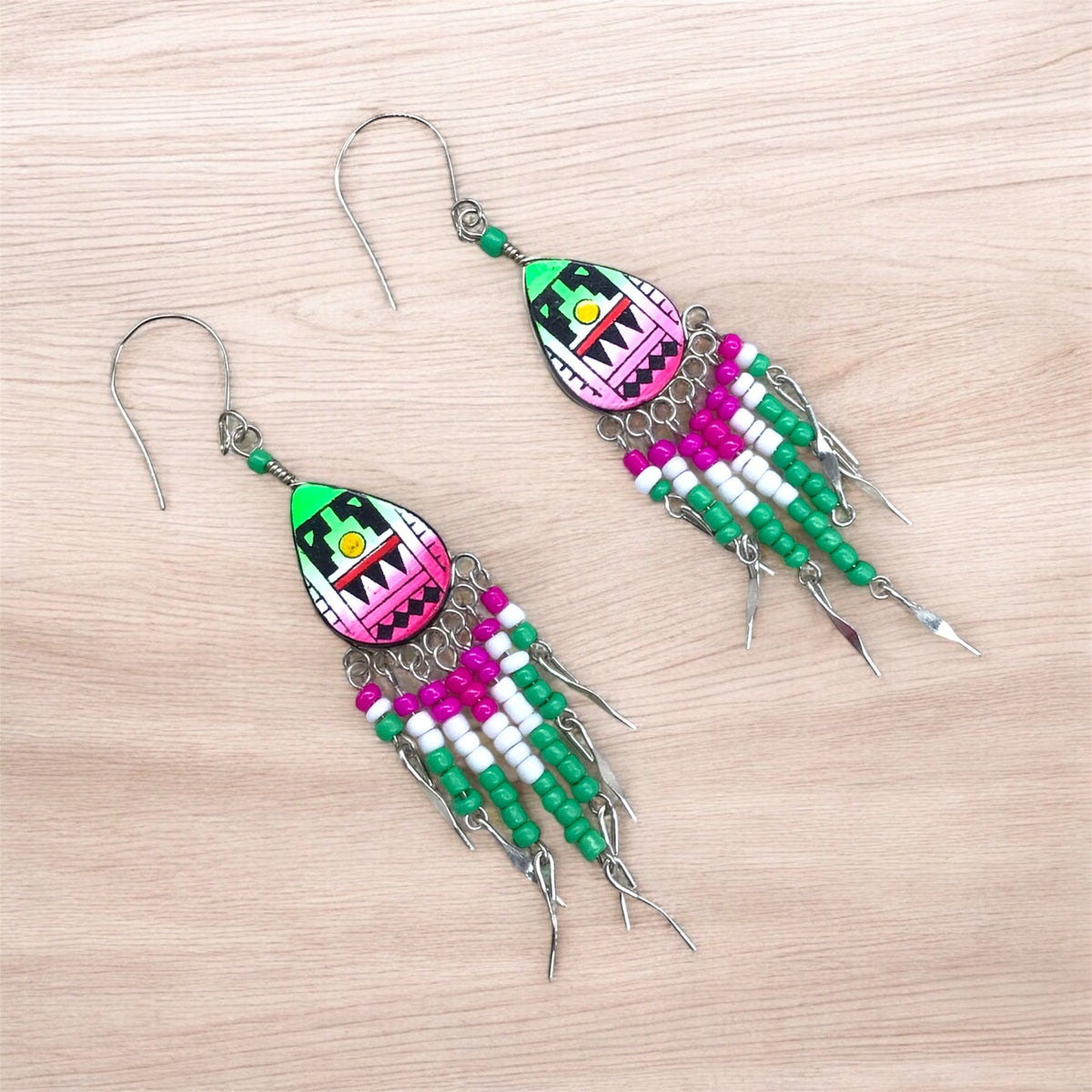 Small Sized Southwestern Pink and Green Teardrop Earrings-2