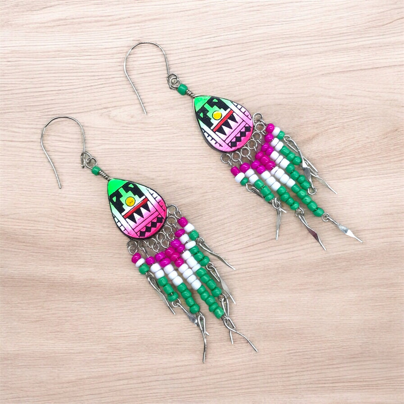 Small Sized Southwestern Pink and Green Teardrop Earrings-2