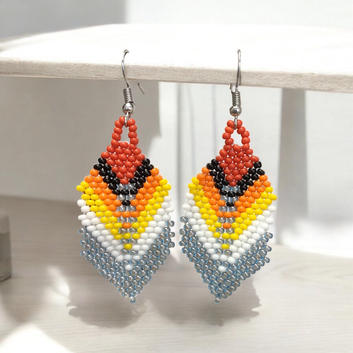 grey Beaded Feather Drop Earrings-1